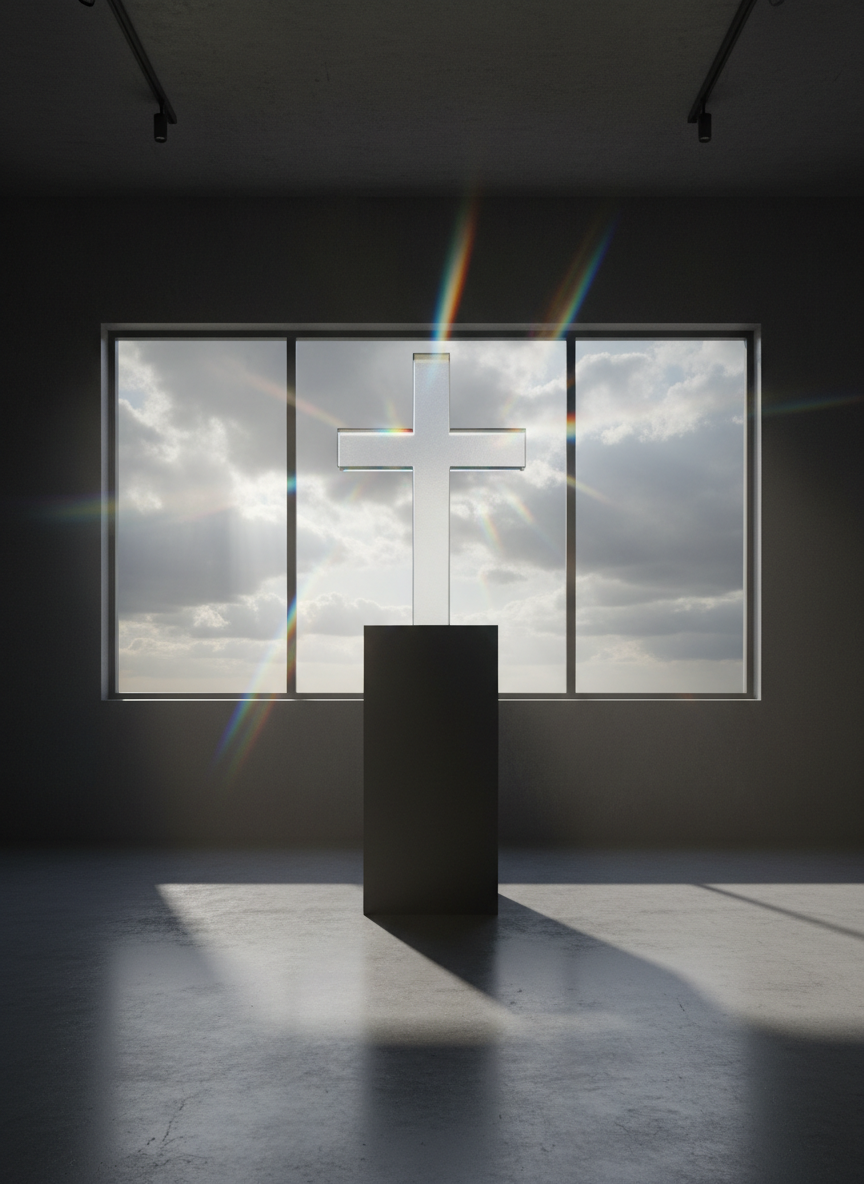 A minimalistic, modern cross formed from two intersecting beams of frosted glass stands on a matte black pedestal in a dim gallery-like room. Behind it, a wide panoramic window reveals a moody, cloud-laden sky breaking open with radiant, cinematic shafts of sunlight that spill around the glass, refracting into subtle prismatic highlights. The polished concrete floor reflects a faint glow from the cross, while dark walls keep attention focused on the symbol. Soft, directional lighting from above creates gentle shadows and a halo-like rim around the edges of the glass. Framed in centered composition at eye level, with spacious negative space, the mood is serene, intellectual, and reverent, fusing sacred imagery with modern alternative aesthetics.