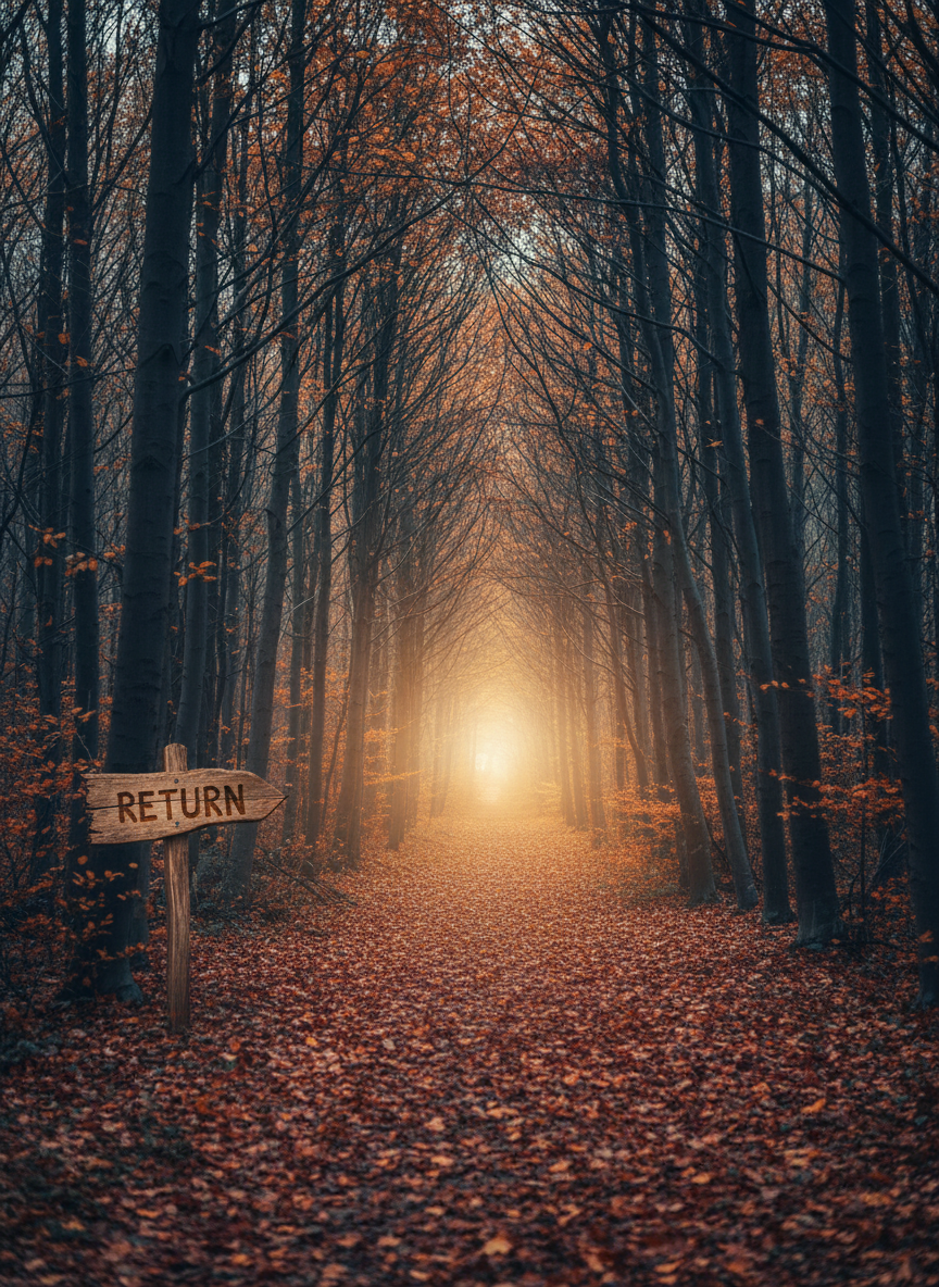 A narrow forest path dusted with fallen autumn leaves winds between tall, slender trees whose branches form a natural archway overhead. In the far distance, through the trees, a soft, almost ethereal glow suggests a welcoming home or sanctuary, its details intentionally blurred into a gentle halo of light. Cool, bluish ambient light filters through the canopy, while a subtle warm backlight at the end of the path hints at hope beyond the shadows. A small, weathered wooden signpost at the path’s edge bears the faint word “RETURN” burned into the grain. Captured in wide, cinematic aspect ratio with a leading-lines composition, the mood is mysterious yet hopeful, symbolizing the journey home in faith.
