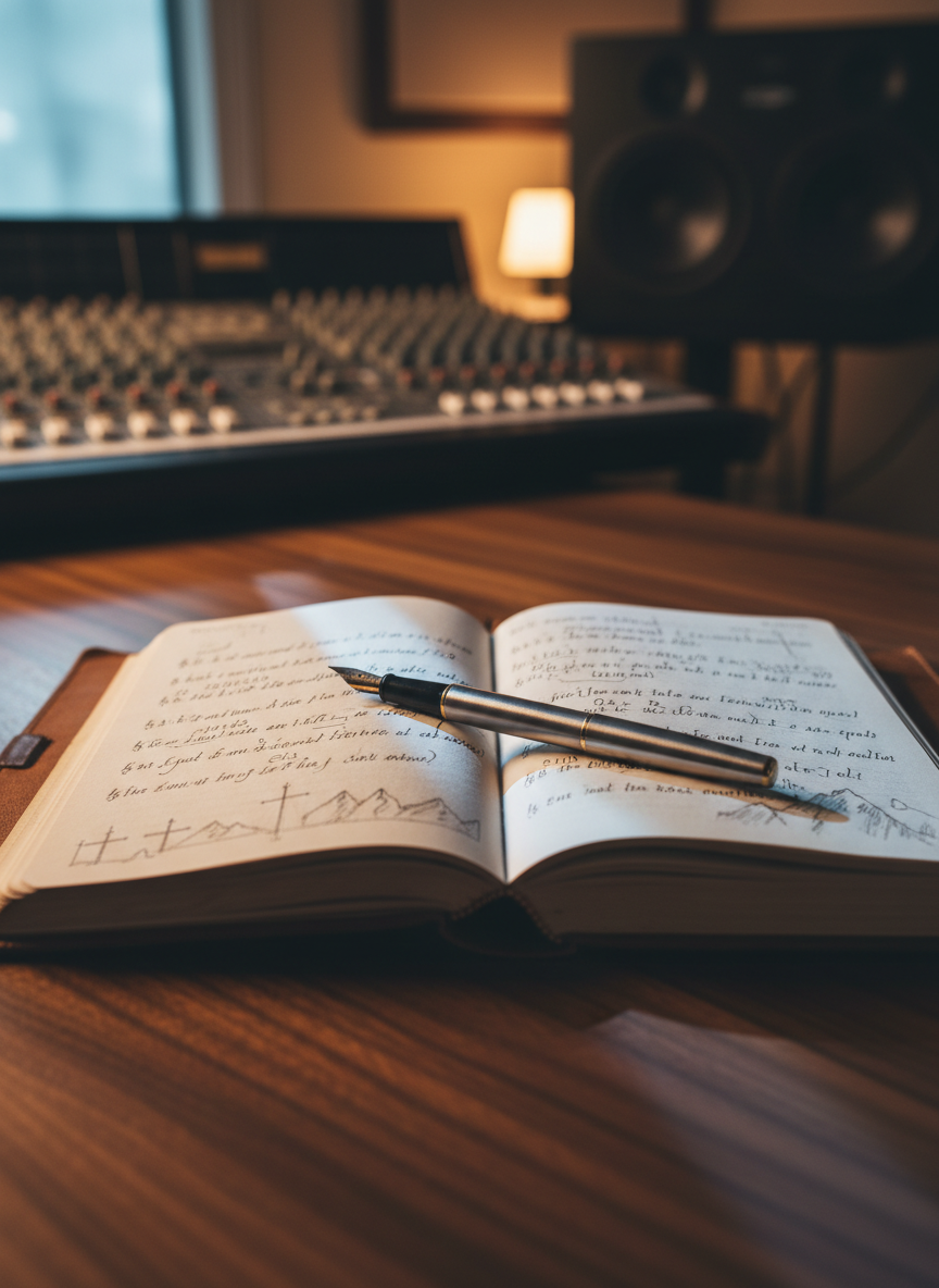 A vintage, slightly scuffed leather-bound journal lies open on a dark walnut table, its cream pages filled with faint, handwritten lyrics and marginal sketches of small crosses and distant mountains. A brushed metal fountain pen rests across the center fold, tip glinting softly. In the background, an analog mixing console and studio monitors are visible but gently blurred, bathed in low, warm amber studio light. A narrow shaft of cool moonlight from a nearby window cuts diagonally across the journal, creating a dramatic cinematic contrast of warm and cool tones. Captured from a top-down, slightly angled perspective with shallow depth of field, the scene feels intimate, reflective, and sophisticated, perfectly suited to Christian alternative songwriting rooted in faith and honest doubt.