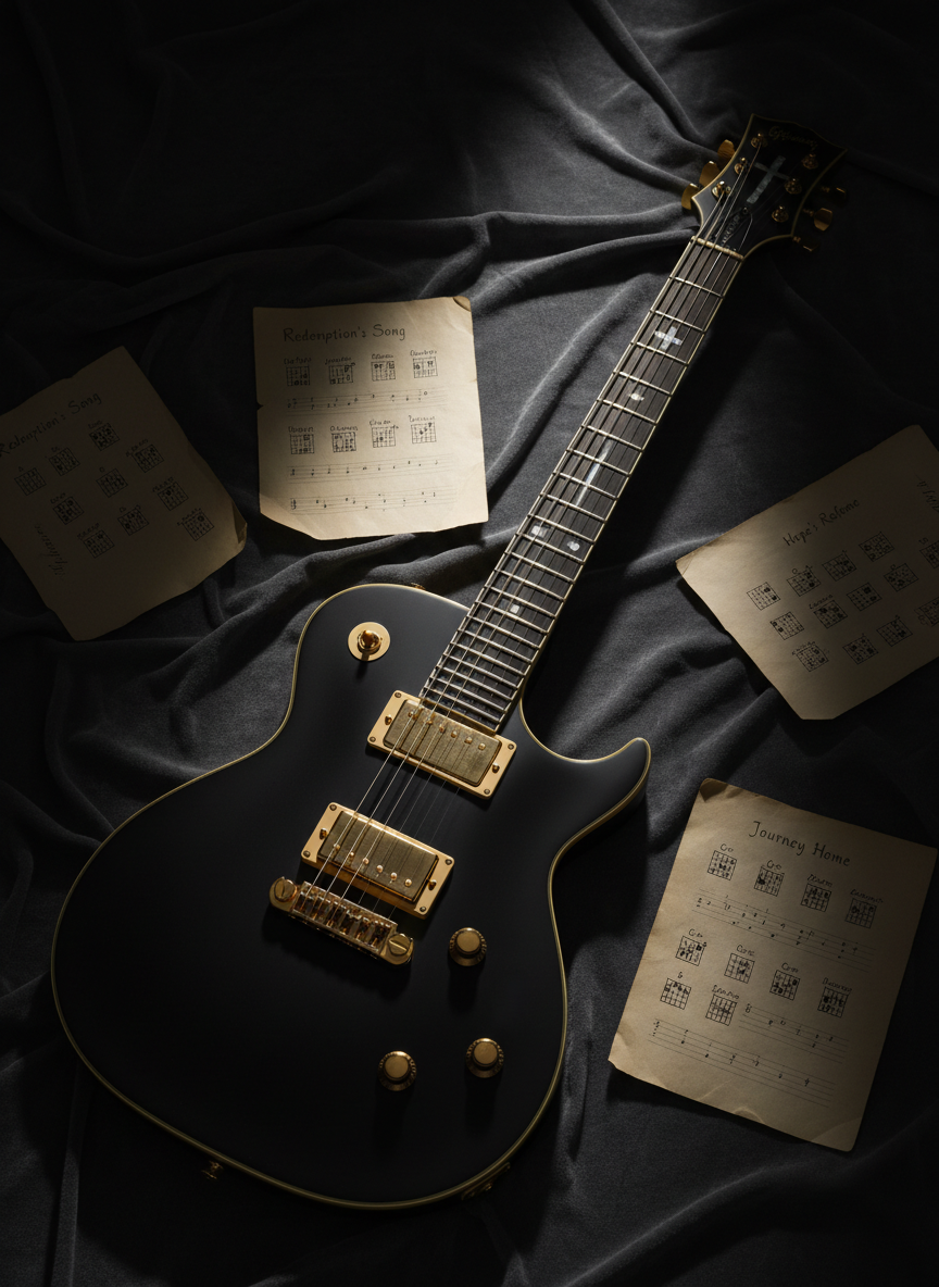 An elegant black electric guitar with brushed gold hardware and a subtle cross inlay at the 12th fret lies on a deep charcoal velvet backdrop. The guitar’s finish is a rich, slightly textured matte rather than glossy, giving it a sophisticated, alternative character. Around it, scattered handwritten chord charts on creamy paper reference titles about redemption, hope, and the journey home. A single narrow beam of warm spotlight from above grazes the guitar’s contours, leaving the edges to fall into velvety darkness, creating a dramatic cinematic chiaroscuro effect. Shot from a top-down, slightly angled view, the composition is carefully balanced, with the guitar diagonally across the frame. The atmosphere is introspective, artistic, and reverent, capturing the sound of Christian alternative music in visual form.