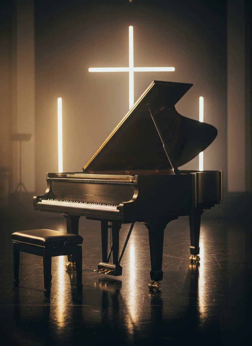 A solitary grand piano crafted from deep matte black wood stands on a glossy dark stage floor, its lid open to reveal softly gleaming strings and hammers. Behind it, towering vertical light panels form a subtle cross shape through intersecting beams of warm white light, barely visible in gentle stage haze. Golden hour light from an unseen side doorway spills across the keys, creating a luminous path of highlights. The atmosphere is reverent, cinematic, and introspective. Captured from a low, three-quarter angle, the piano dominates the foreground while the background falls into a tasteful blur. The style is sophisticated cinematic realism, evoking Christian alternative music that balances mystery, faith, and artistic depth.