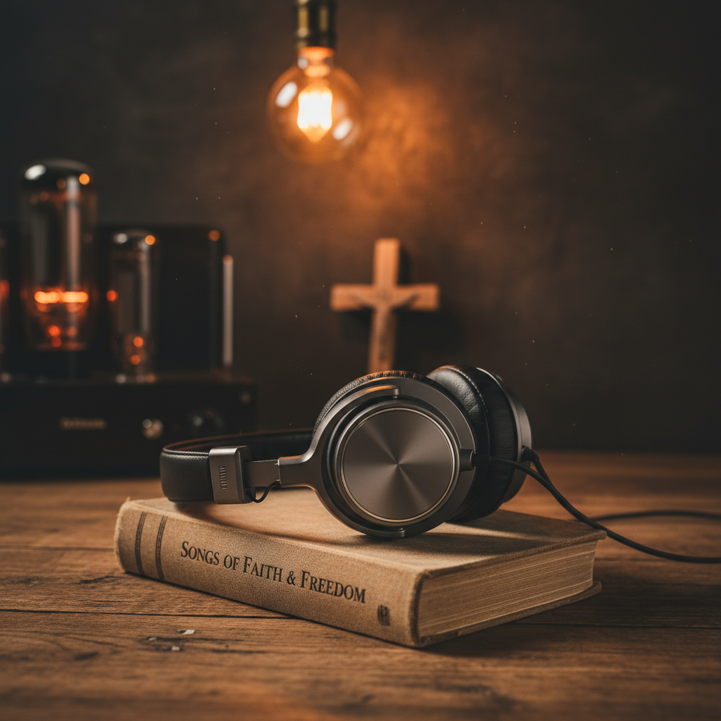A pair of studio-quality over-ear headphones in brushed gunmetal and soft charcoal leather rests atop a worn, cloth-bound hymnal on a reclaimed oak desk. The hymnal’s gilded page edges are slightly tarnished, and the embossed title subtly references themes of faith and hope. In the background, a glowing tube amplifier and a small wooden cross lean against a dark, textured wall, both cast in atmospheric, cinematic low-key lighting. A single warm Edison bulb hangs overhead, creating a soft pool of light and gentle shadows around the objects. Shot from a close-up, three-quarter perspective with shallow depth of field, the focus is crisp on the meeting of old hymn book and modern headphones, symbolizing a sophisticated fusion of tradition and Christian alternative sound.