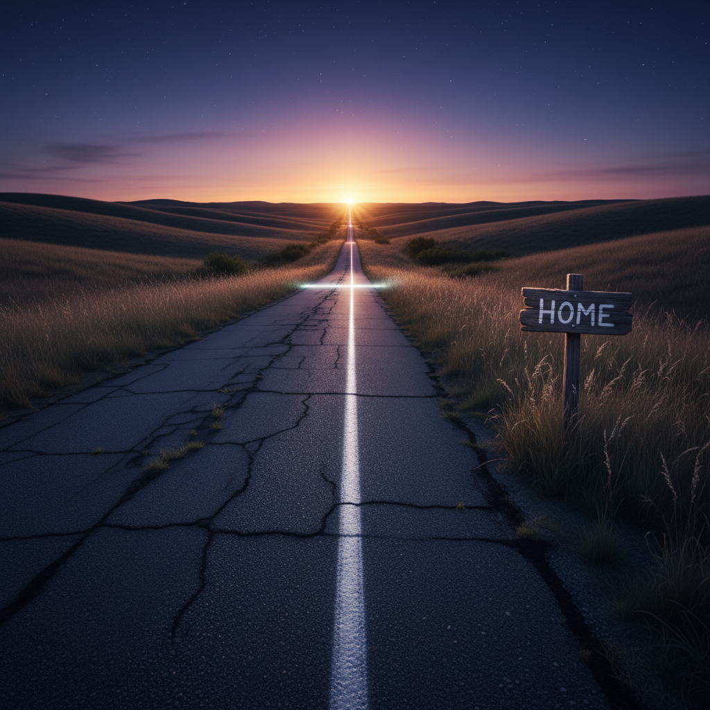An old, weathered highway stretching into rolling hills under a vast twilight sky, the cracked asphalt painted with a single glowing white center line that subtly morphs into a delicate, luminous cross in the distance. On one side of the road, a small, rustic wooden sign reads “HOME” with understated, hand-painted letters, softly illuminated by the last traces of sunset. Cool blue shadows pool in the roadside grass while a warm, cinematic golden glow lingers on the horizon. Shot from a low, leading-lines perspective, the composition draws the eye forward, symbolizing the journey of faith. The mood is contemplative, hopeful, and quietly epic, rendered in rich, cinematic realism.