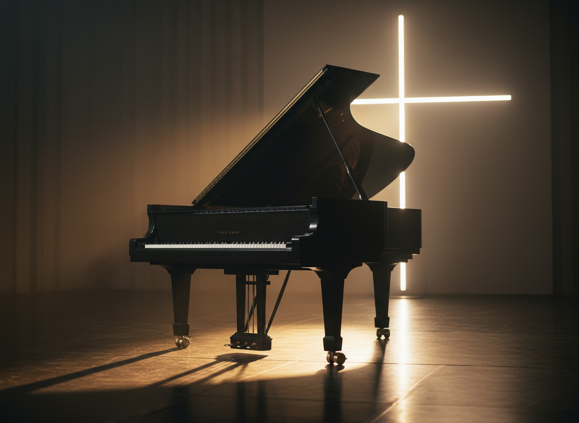 A solitary grand piano crafted from deep matte black wood stands on a glossy dark stage floor, its lid open to reveal softly gleaming strings and hammers. Behind it, towering vertical light panels form a subtle cross shape through intersecting beams of warm white light, barely visible in gentle stage haze. Golden hour light from an unseen side doorway spills across the keys, creating a luminous path of highlights. The atmosphere is reverent, cinematic, and introspective. Captured from a low, three-quarter angle, the piano dominates the foreground while the background falls into a tasteful blur. The style is sophisticated cinematic realism, evoking Christian alternative music that balances mystery, faith, and artistic depth.