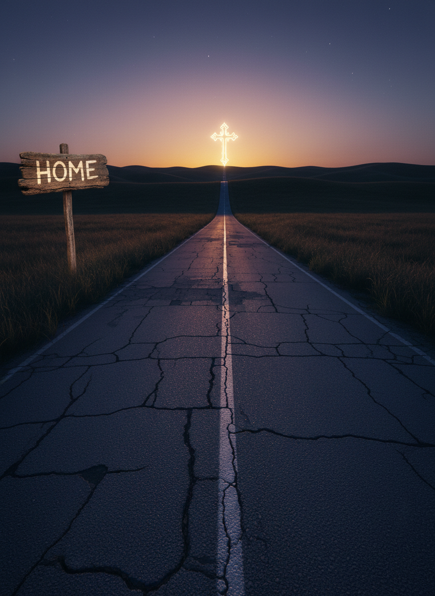 An old, weathered highway stretching into rolling hills under a vast twilight sky, the cracked asphalt painted with a single glowing white center line that subtly morphs into a delicate, luminous cross in the distance. On one side of the road, a small, rustic wooden sign reads “HOME” with understated, hand-painted letters, softly illuminated by the last traces of sunset. Cool blue shadows pool in the roadside grass while a warm, cinematic golden glow lingers on the horizon. Shot from a low, leading-lines perspective, the composition draws the eye forward, symbolizing the journey of faith. The mood is contemplative, hopeful, and quietly epic, rendered in rich, cinematic realism.