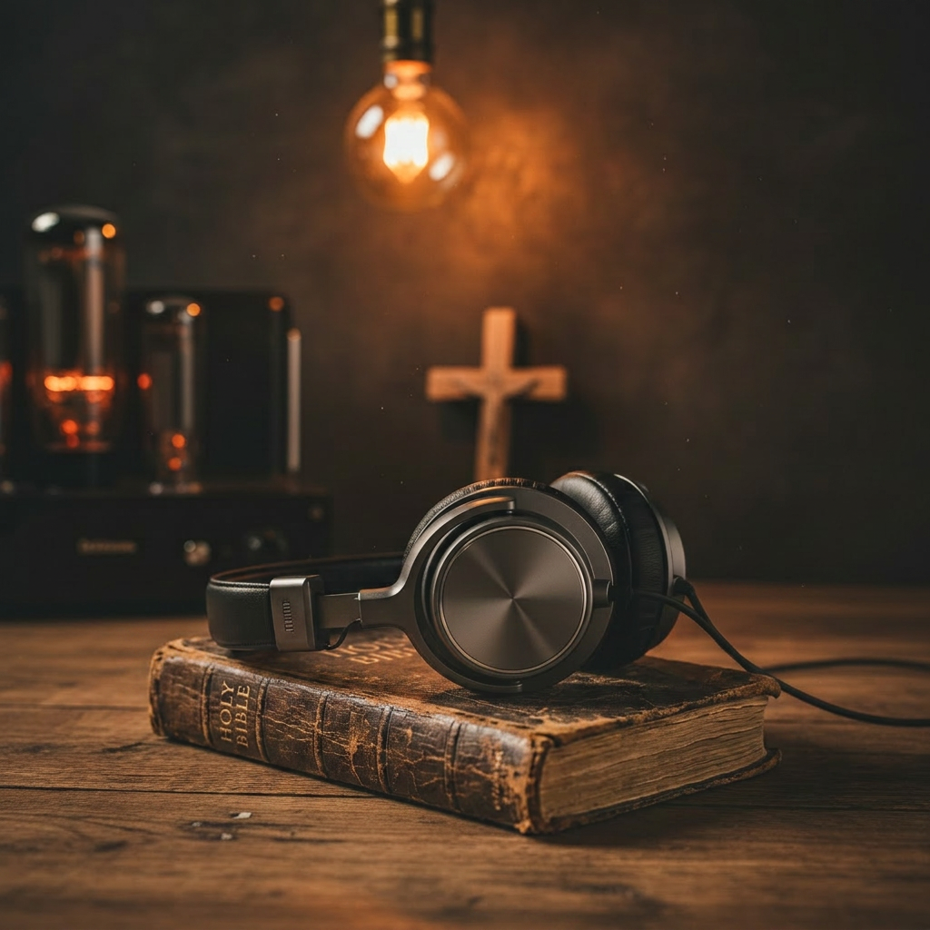 A pair of studio-quality over-ear headphones in brushed gunmetal and soft charcoal leather rests atop a worn, cloth-bound hymnal on a reclaimed oak desk. The hymnal’s gilded page edges are slightly tarnished, and the embossed title subtly references themes of faith and hope. In the background, a glowing tube amplifier and a small wooden cross lean against a dark, textured wall, both cast in atmospheric, cinematic low-key lighting. A single warm Edison bulb hangs overhead, creating a soft pool of light and gentle shadows around the objects. Shot from a close-up, three-quarter perspective with shallow depth of field, the focus is crisp on the meeting of old hymn book and modern headphones, symbolizing a sophisticated fusion of tradition and Christian alternative sound.